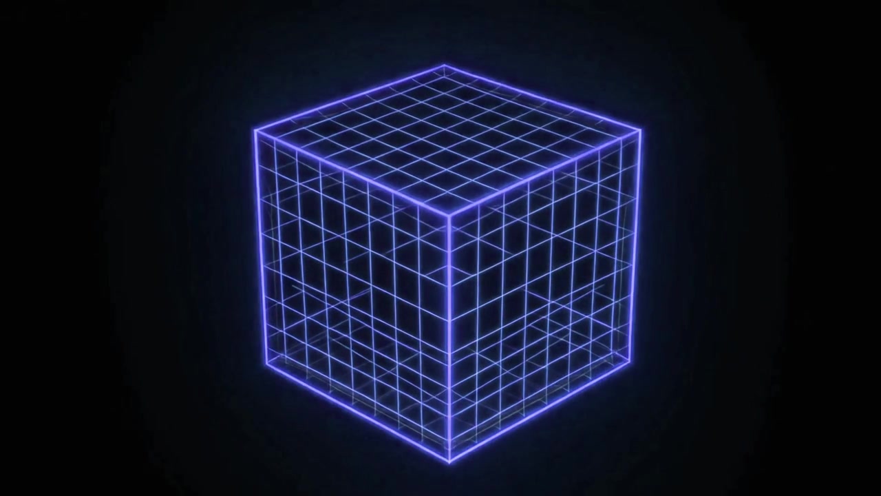 Roterende neon gitterkube animation på sort baggrund