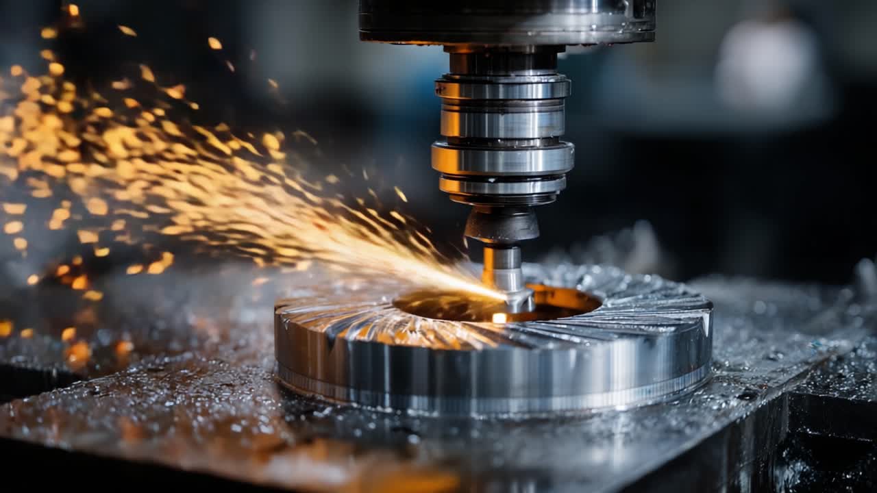 Precisionsbearbetningsprocess: Närbild av ett metallarbetsstycke som skärs med flygande gnistor i en industriell verkstadsmiljö.
