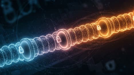 a visually stunning representation of quantum entanglement where two intertwined particles are illuminated in bright blue and orange, symbolizing connectivity and security