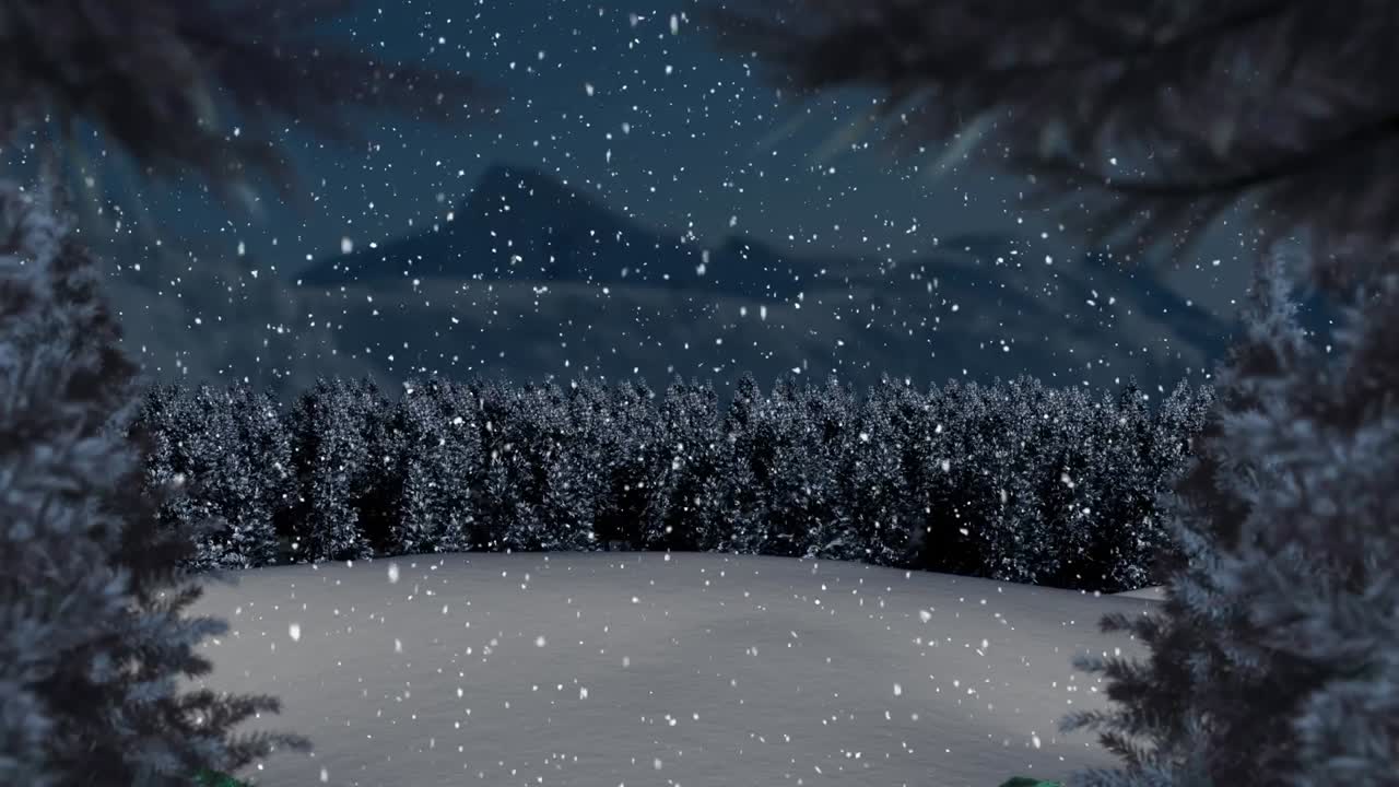 Snow falling in countryside