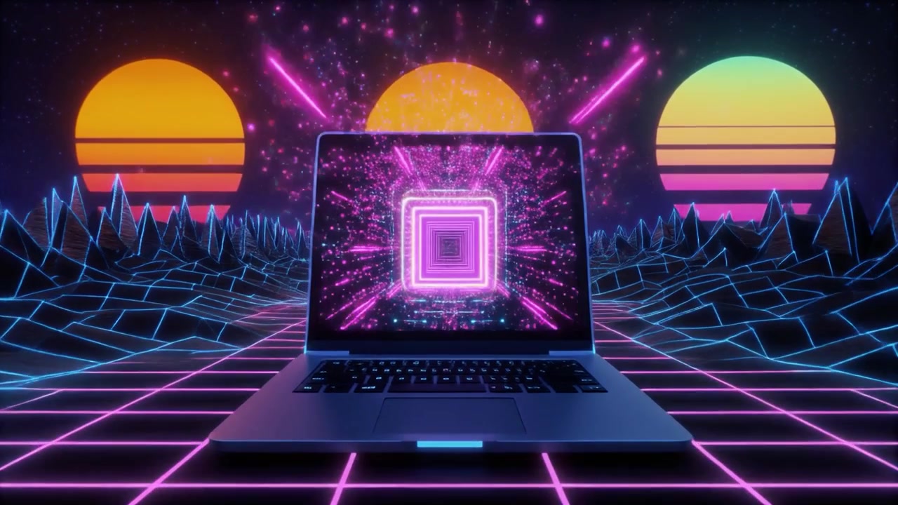 Laptop Displaying Retro Synthwave Digital Tunnel Animation