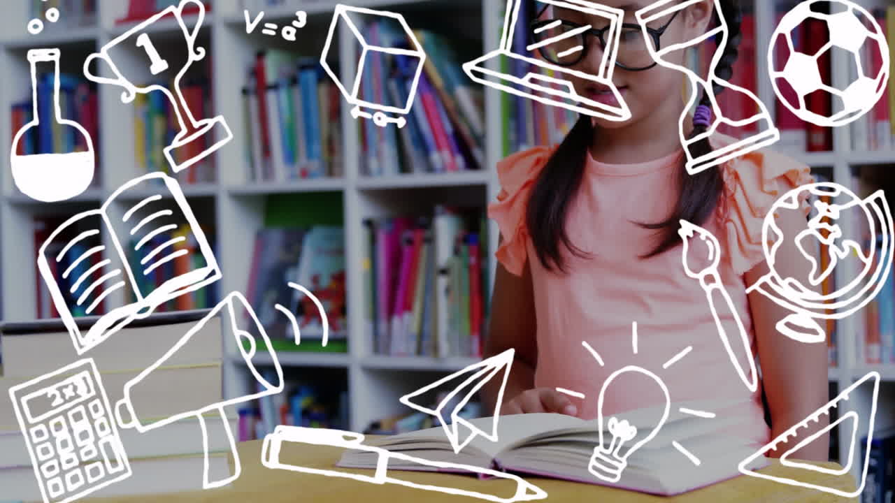 학교 아이템 아이콘의 애니메이션 두 인종 학생이 도서관에서 책을 수정하고 있습니다.