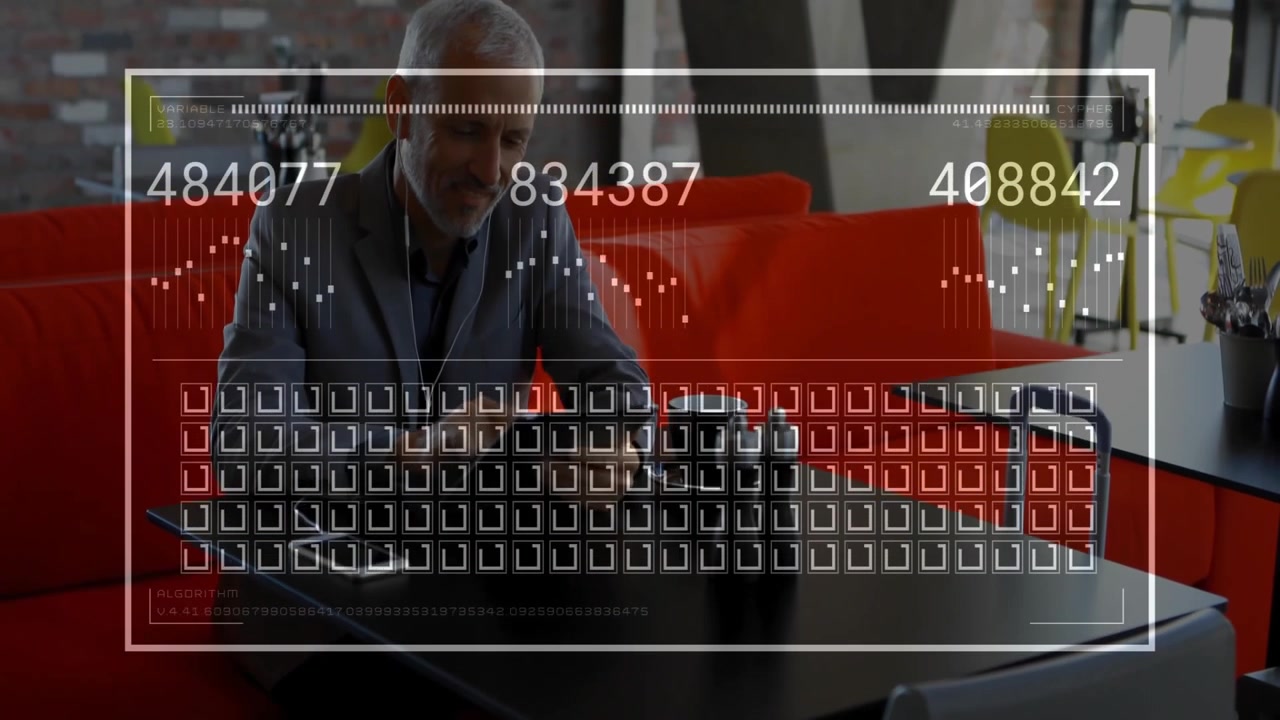 male traveler studying tablet at cafe table, displaying animated finance charts and money bag icons