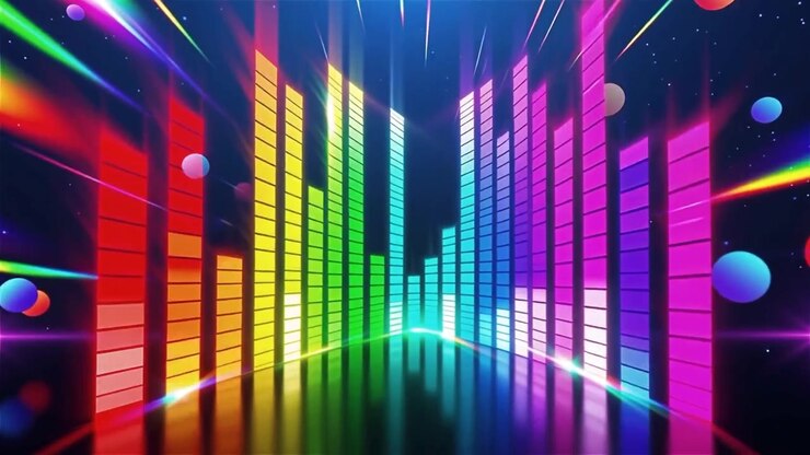 Futuristisk regnbuefarvet neon musik equalizer visualisering baggrund.