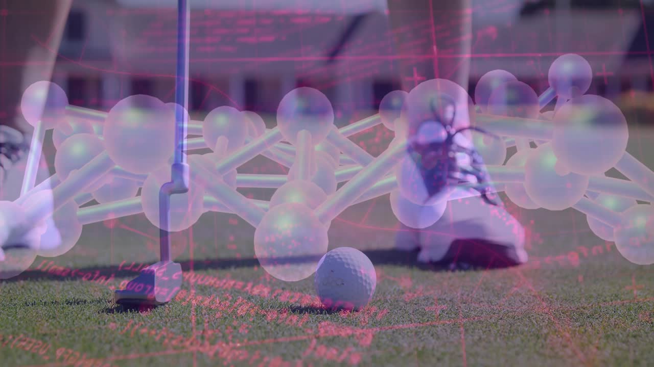 Female golfer aligning on golf green, striking ball aiming shot, overlay fading in guiding path