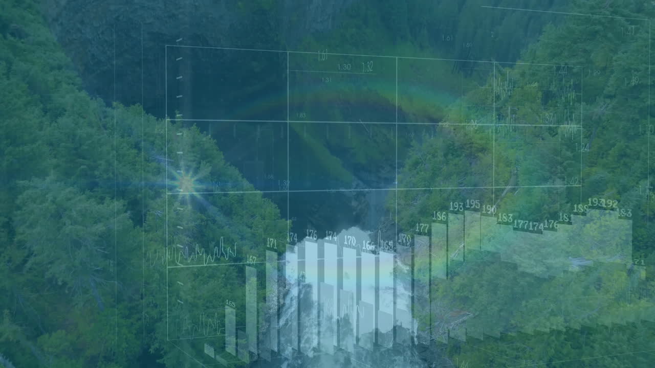 Bar chart and data grid animation over lush green forest landscape