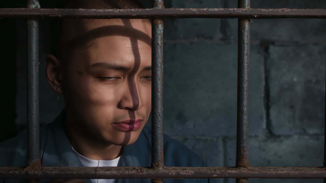 Tracking Asian detainee reacting to offscreen stir in cell, with rusted bars and shadow, copy space