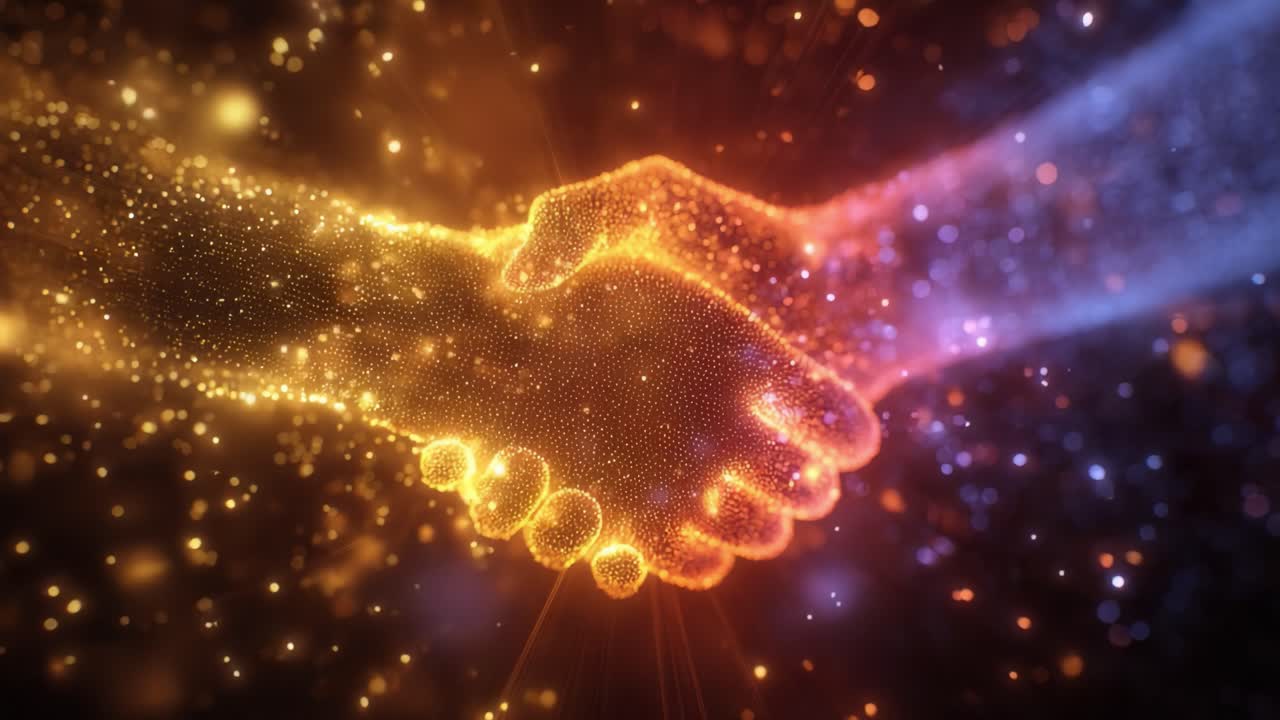 A Glowing Exchange of Trust: The Vibrant Visual Representation of Two Hands Shaking, Encapsulated in Sparkling Particles of Light, Symbolizing Unity and Connection Through a Cosmic Dance