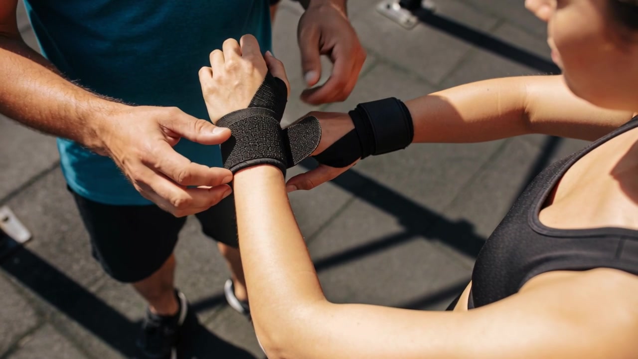 Istruttore che si allunga per allacciare una fascia in velcro, assicurandosi che si adatti al polso in una palestra all'aperto, con maglietta verde acqua e reggiseno nero.