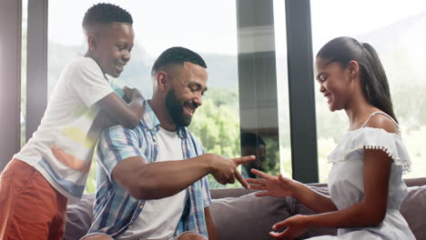 Happy-african-american-son-and-father-playing-rock,-paper,-scissors-with-daughter,-slow-motion