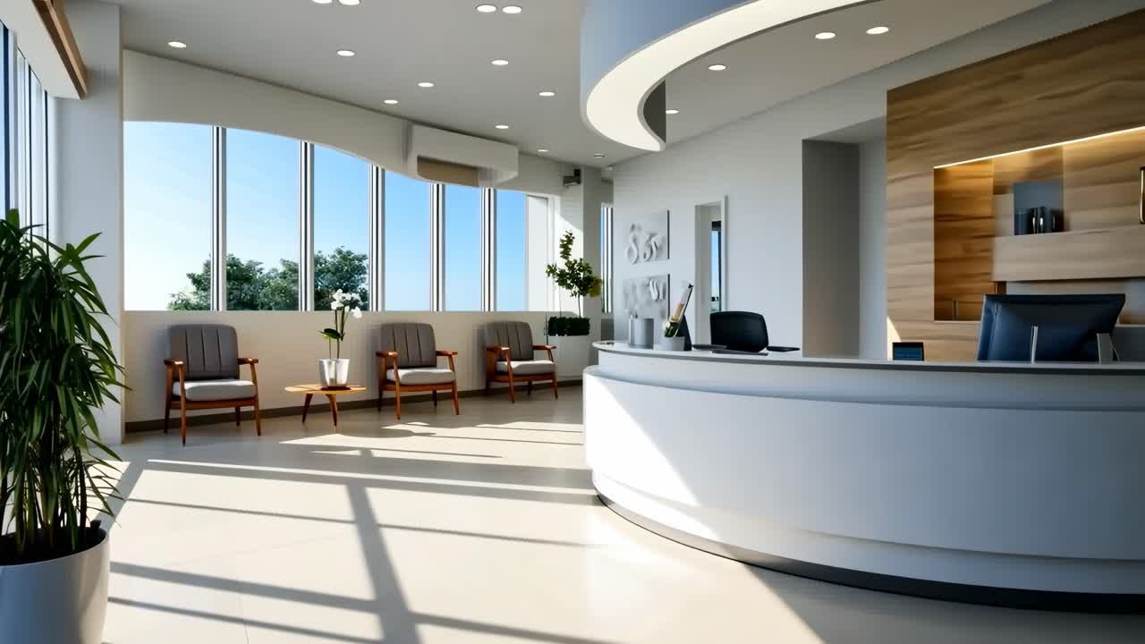 Area reception moderna con scrivania curva, luce naturale e arredamento minimalista.