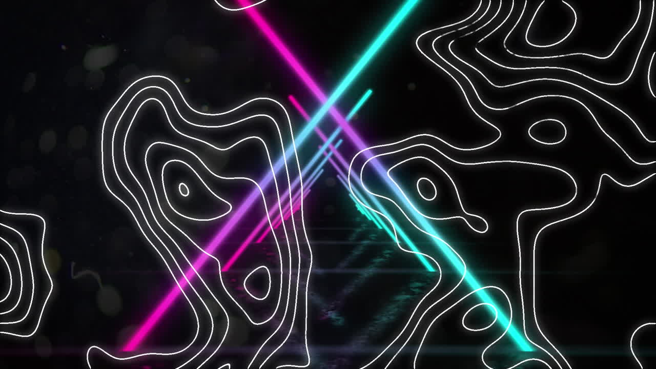 검은색 배경에 십자가 파란색과 분홍색 네온 불빛 위에  ⁇ 색 윤 ⁇  선의 애니메이션