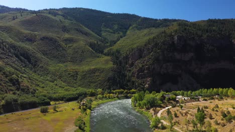 Colorado-Rocky-Mountains-River-Rapids-Pan-Down-Aerial-Shot-4K