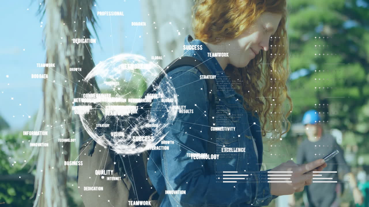 스마트 폰을 사용하는 백인 여성에 대한 비즈니스 텍스트와 함께 데이터 처리 및 지구상의 애니메이션