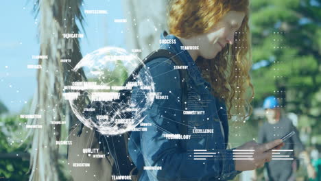 animation of data processing and globe with business texts over caucasian woman using smartphone
