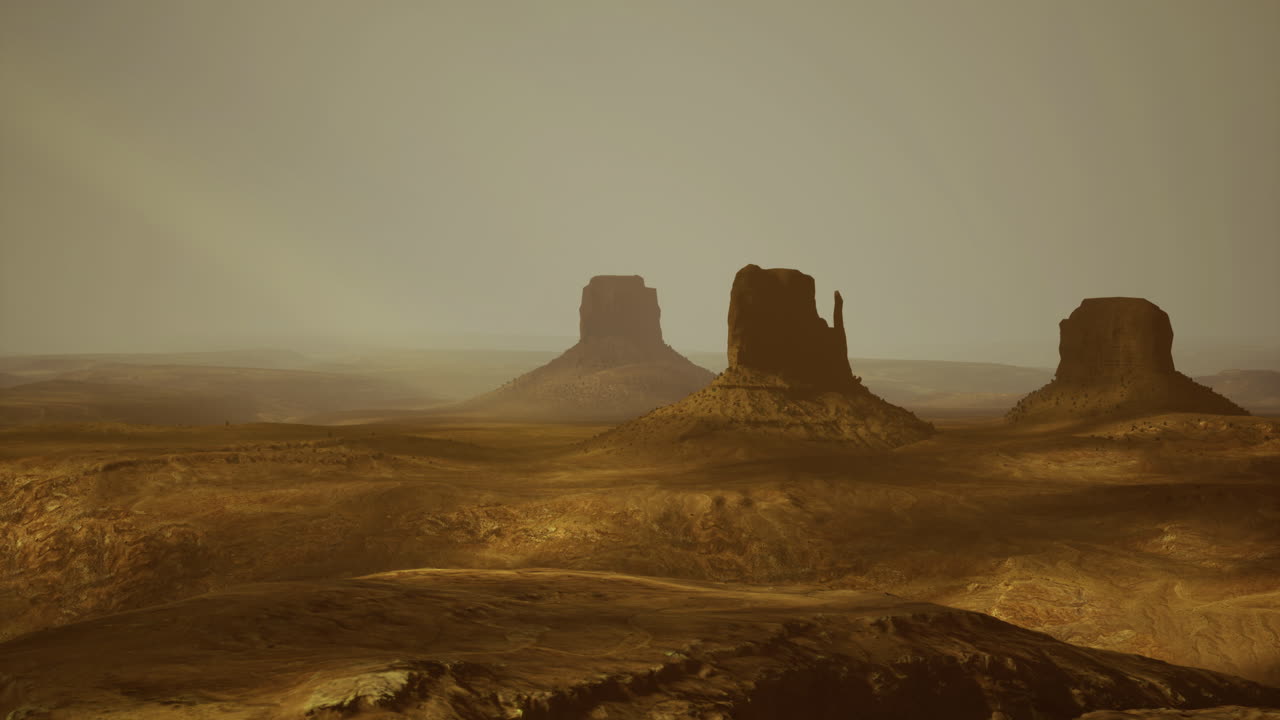 Expansive desert landscape featuring iconic rock formations at sunset