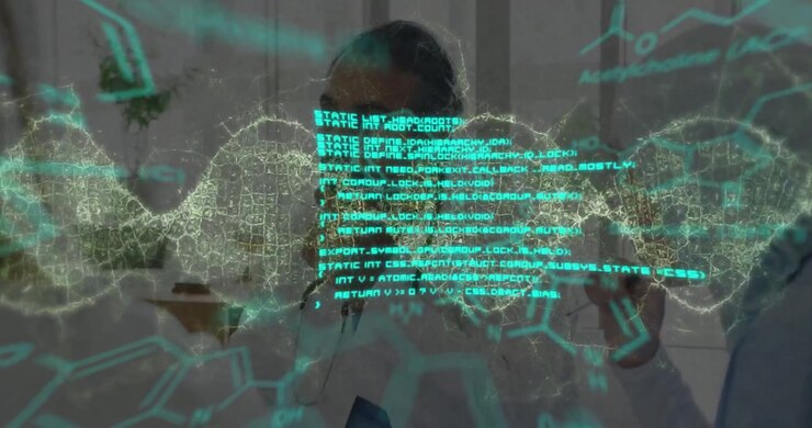 Animation of data processing and dna strand spinning over male doctor