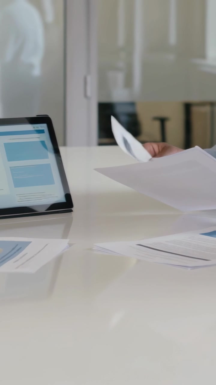 Video verticale: Un uomo con maglia blu, vedendo un tablet, sfoglia documenti e prepara pagine al tavolo, con spazio per il testo