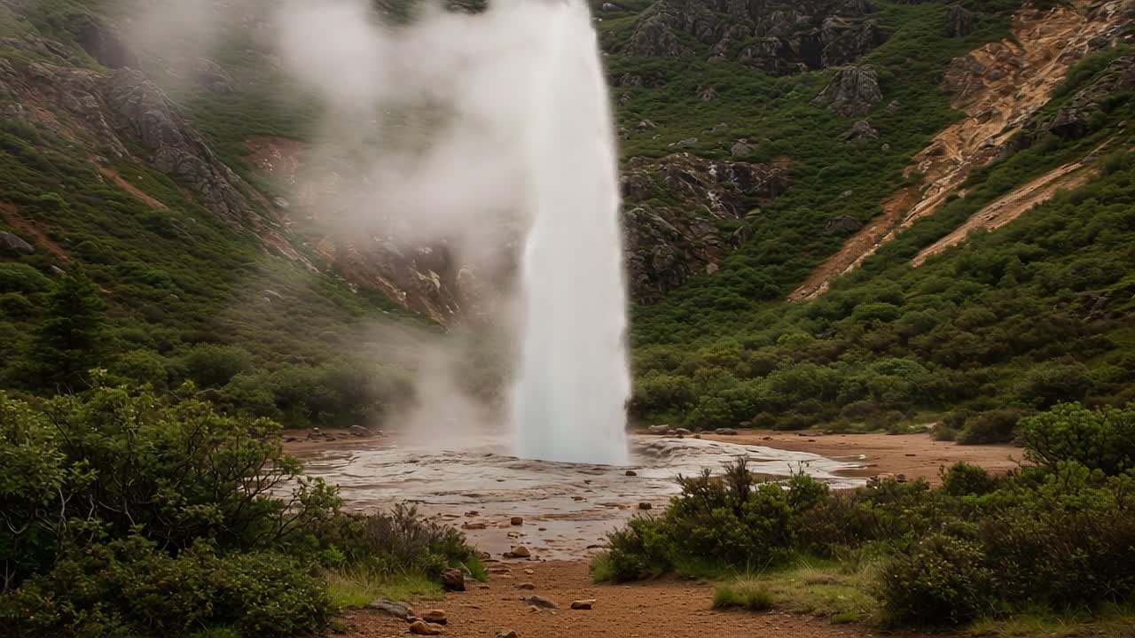 Majestic Geyser Erupting Amidst Lush Greenery and Rocky Landscape, Creating a Breathtaking Natural Wonder in a Remote Location