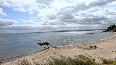 calm beach scene with people and nature
