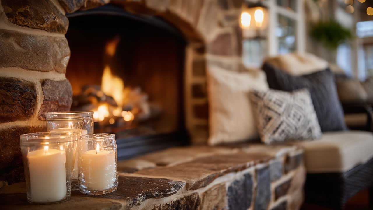 Serata accogliente accanto al camino: un'atmosfera calda e invitante con candele tremolanti e tessuti morbidi che creano un rifugio perfetto per il relax e il comfort.