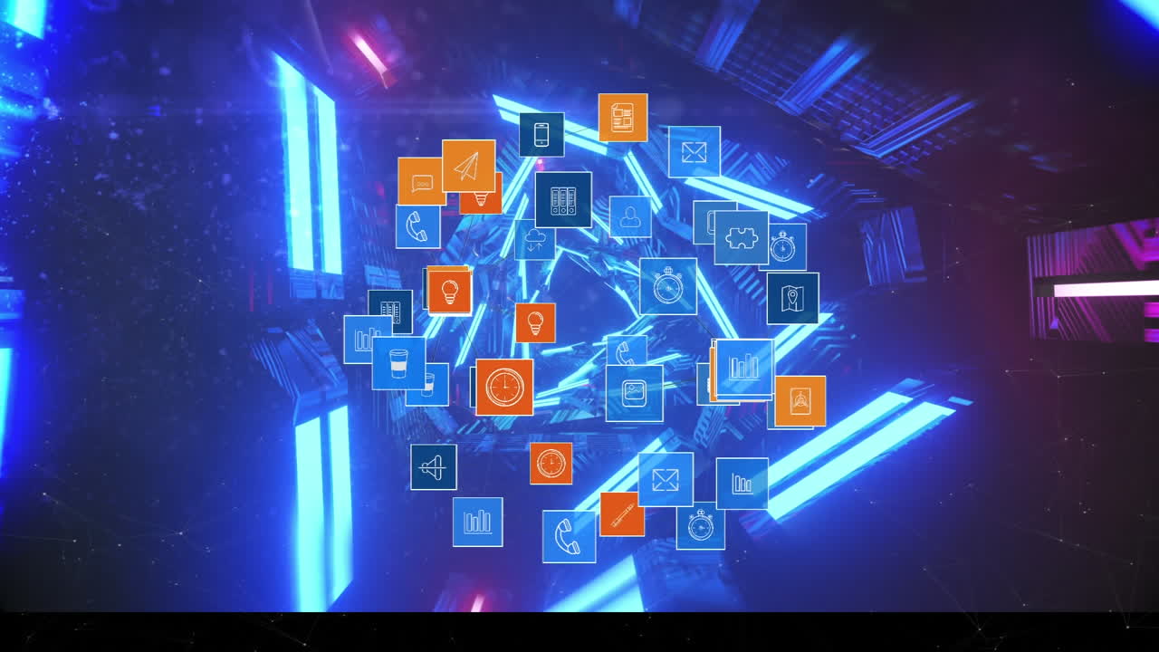 Globe of digital icons against glowing tunnel