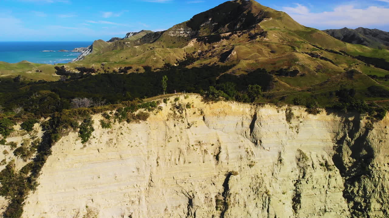 뉴질랜드 의 토라가 만 항구 의 해변 에 있는 가파른 석회암 절벽