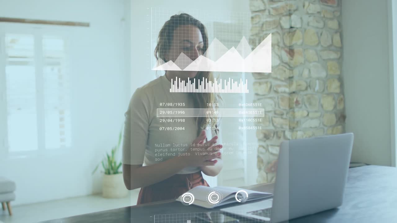 Animation of financial data processing over biracial businessman using laptop