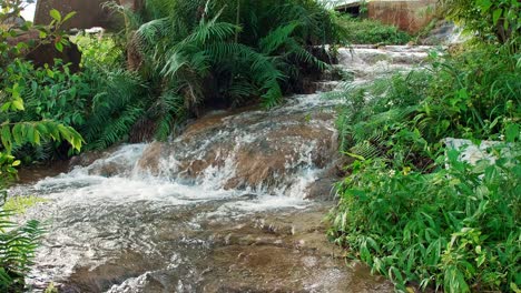 waterfalls along the mountains flow naturally around the green area