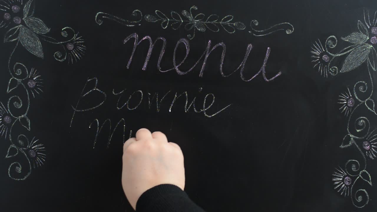 Menuen med populære desserter. Vi skriver menuen på en tavle.