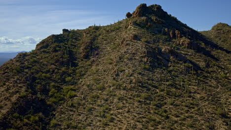 volando sobre un desierto lleno de cactus saguaro esparcidos a lo largo de la ladera de la montaña a través de un dron