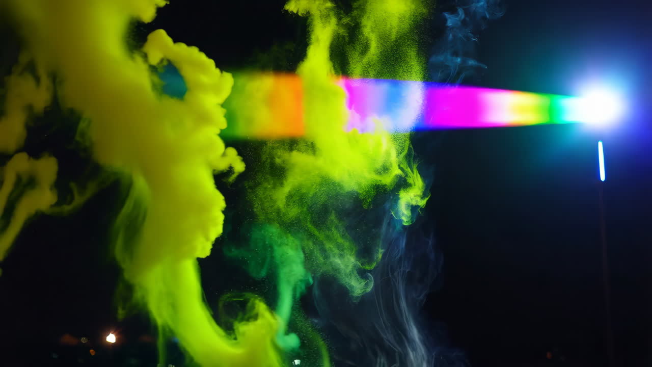 Colorful Smoke and Light Show at Night