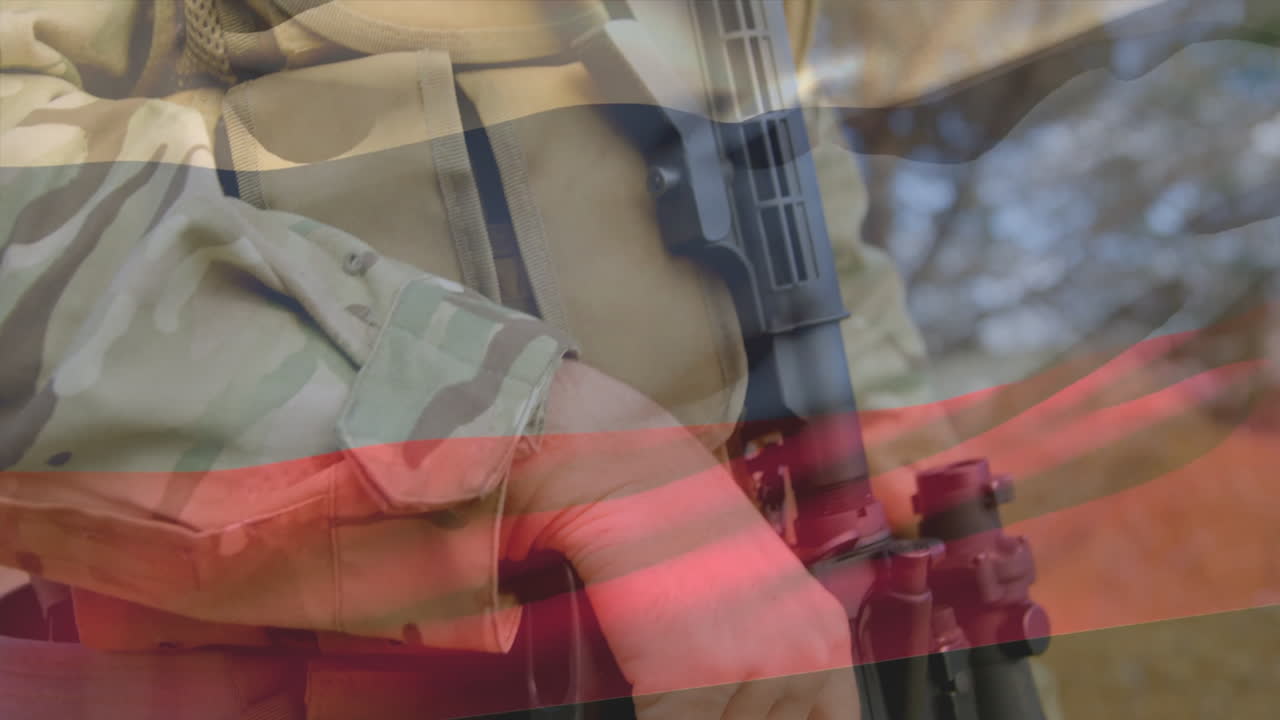Animation of soldier in camouflage uniform with flag overlay symbolizing national defense