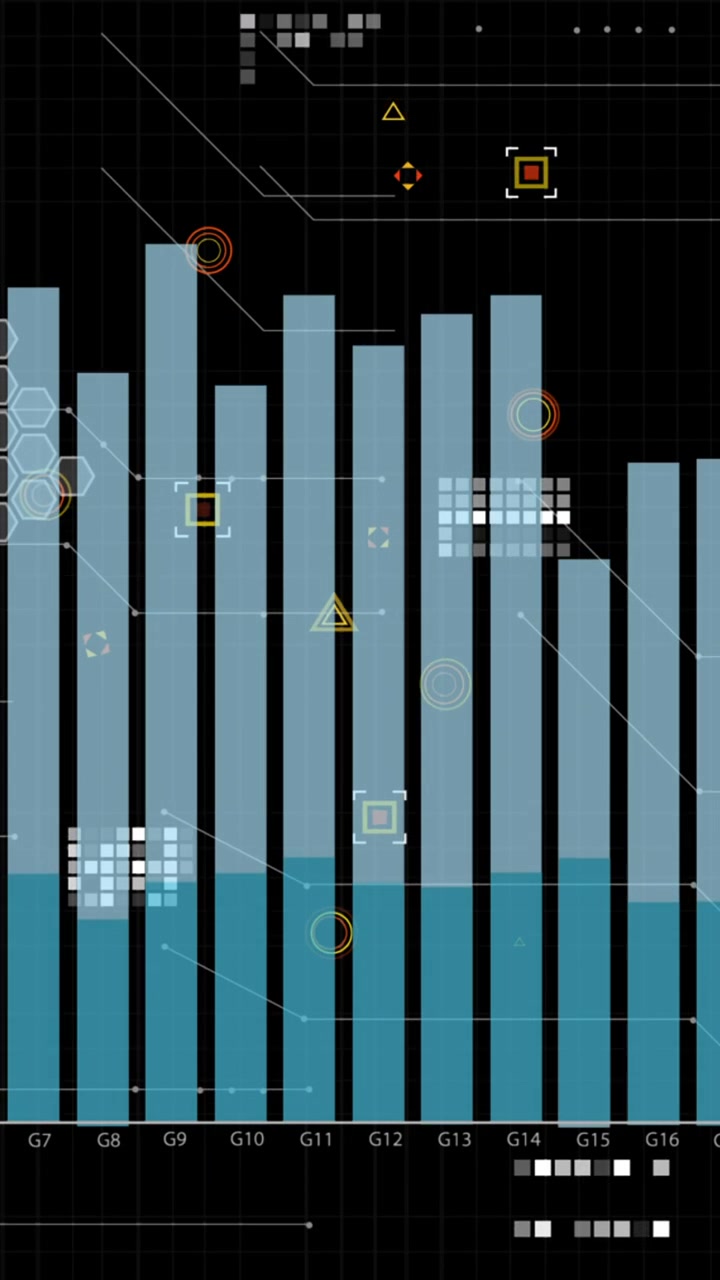 Animation of graphs, data and icons on black background