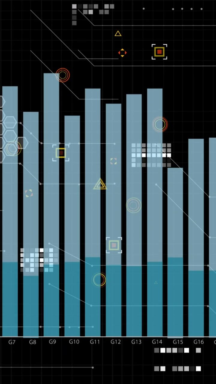 Animation of graphs, data and icons on black background