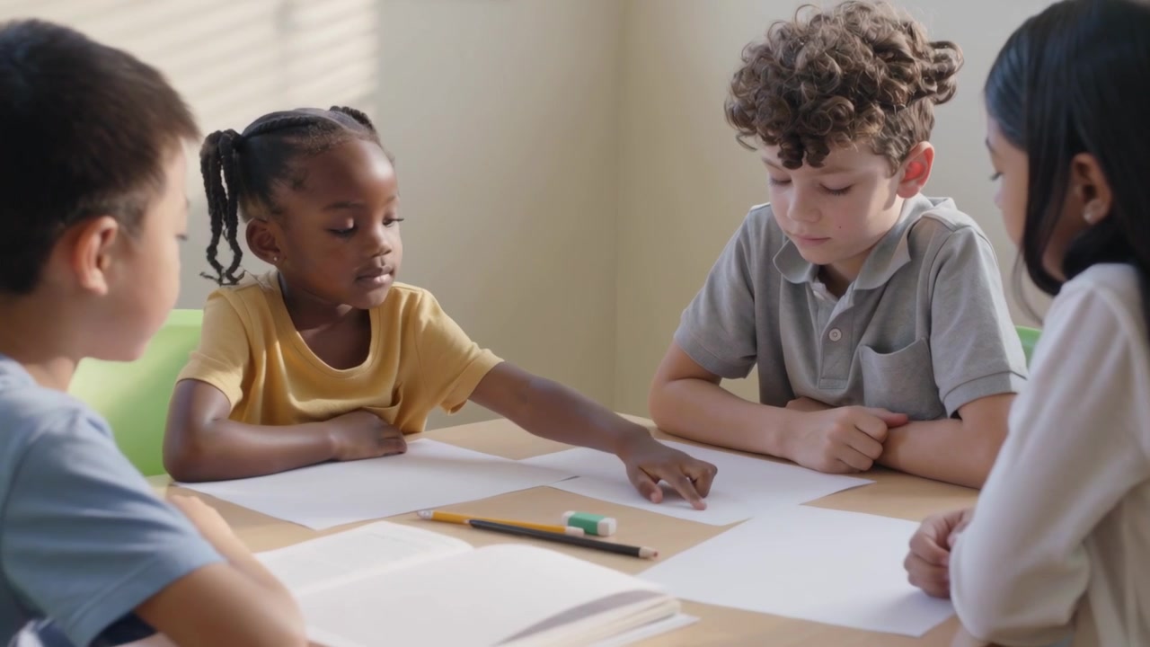 Seeing blank sheets, 4 classmates moving papers and placing token on table, preparing group task
