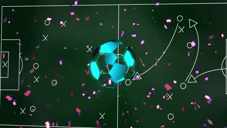 Animation-of-neon-soccer-ball-over-soccer-field-and-confetti