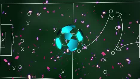 animación de una pelota de fútbol de neón sobre un campo de fútbol y confeti