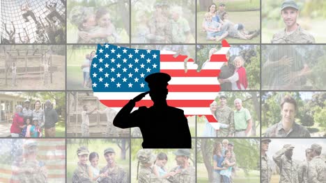 animación de la silueta del soldado y la bandera de los estados unidos sobre diversos soldados masculinos y femeninos con familias