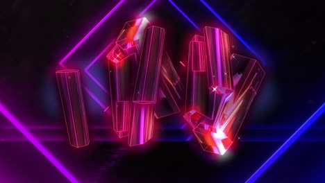 animation of glowing pink blocks spinning over neon shapes moving on black background