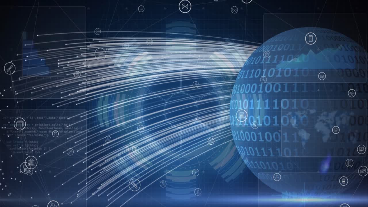 Animation of network of connections, icons and binary coding over globe
