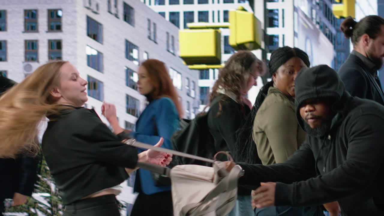 Street crime moment of theft as culprit snatching bag from female victim