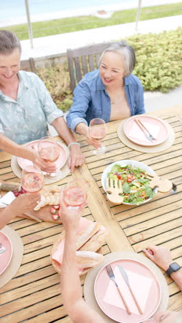 vertical video: group of senior women toasting with wine glasses around outdoor dining table