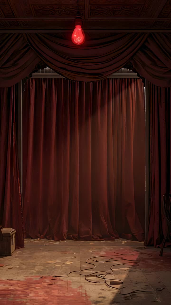 Video verticale: una tenda bordeaux chiusa si sposta reagendo alla luce sul bordo destro del palco, lampadina rossa