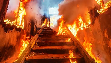 a set of stairs in a building that is engulfed in flames