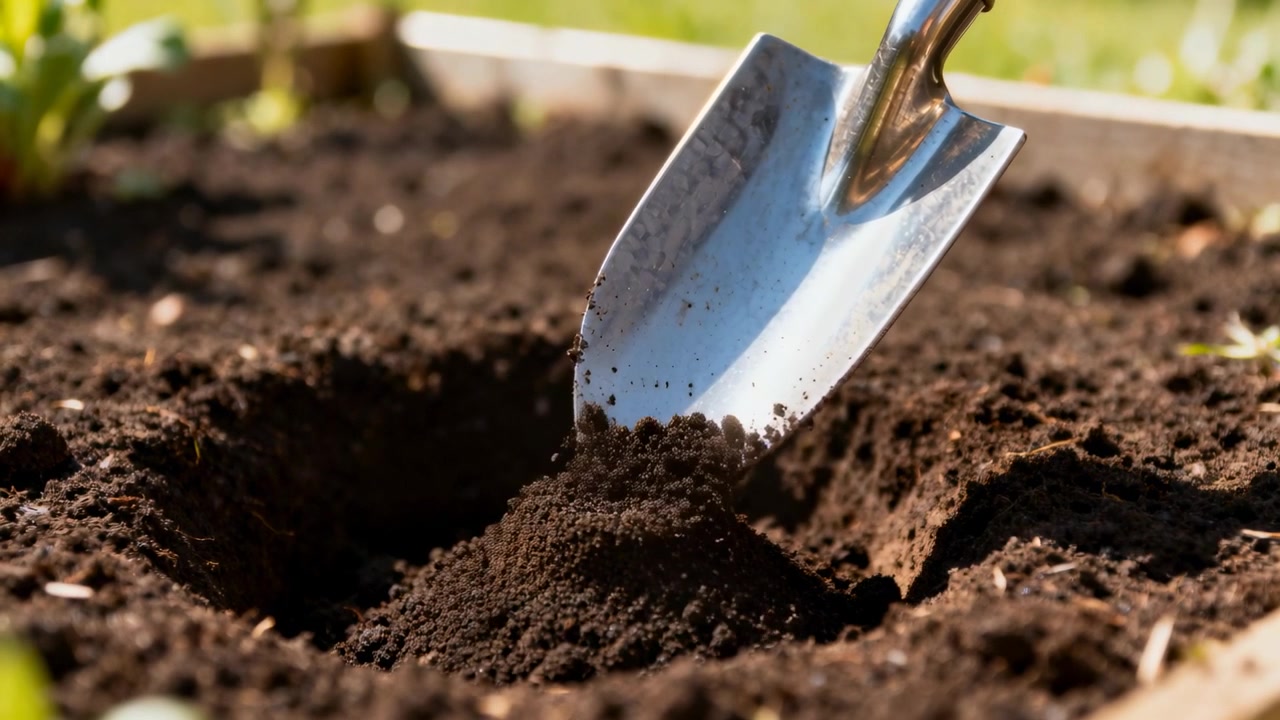 Con una paletta di metallo con manico in legno si aggiunge compost nel buco per la pianta in un'aiuola rialzata, preparando il terreno