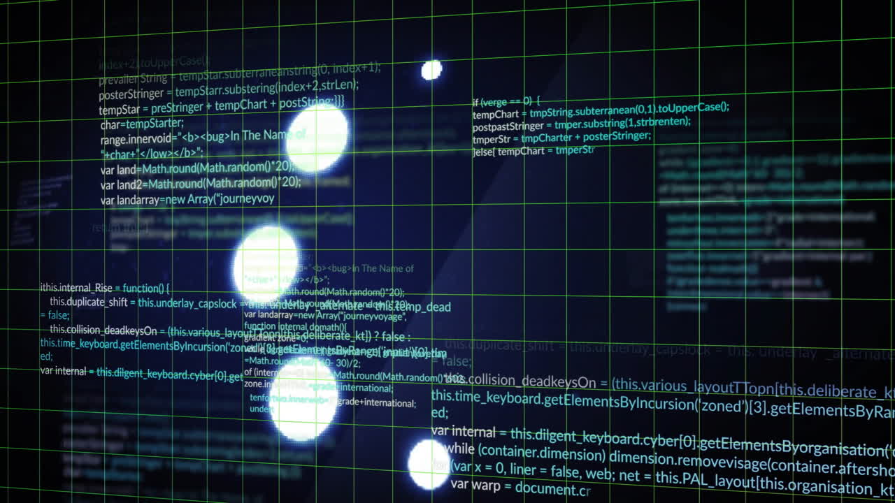 Programming code and data processing animation over dark grid background with glowing circles