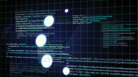 código de programación y animación de procesamiento de datos sobre un fondo de cuadrícula oscura con círculos brillantes