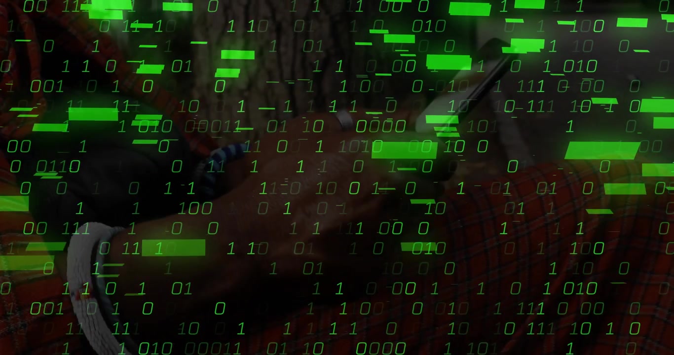 Digital Binary Code Overlay on Person Using Smartphone