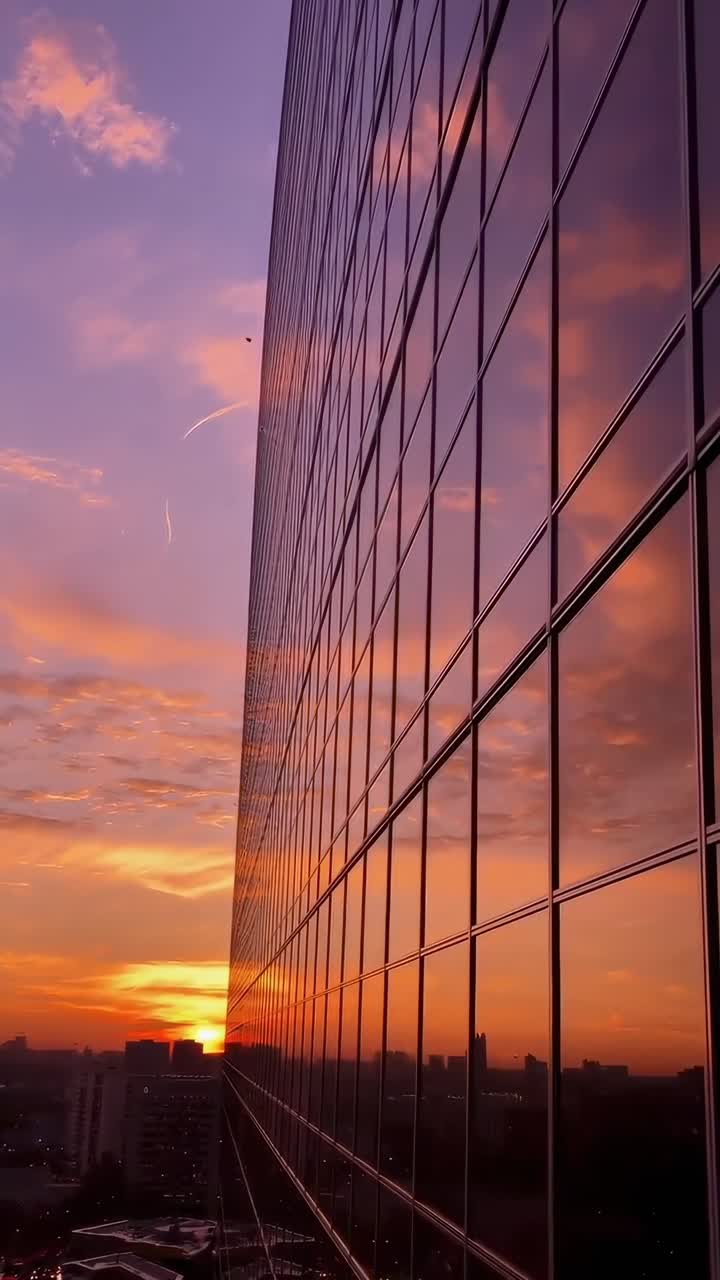 Filmagem aérea de um arranha-céu refletindo um pôr do sol vibrante, exibindo elegância urbana.